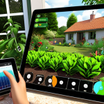 **

A lush organic garden with smart sensors monitoring soil moisture and temperature. Focus on the technology integrated with the natural environment, showcasing healthy plants and a small camera overlooking the garden. Include a tablet displaying data from the sensors.

**