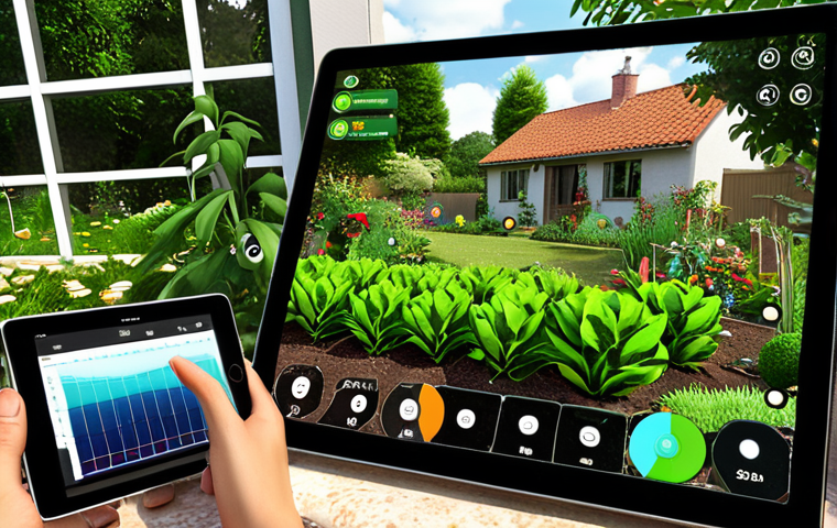 **

A lush organic garden with smart sensors monitoring soil moisture and temperature. Focus on the technology integrated with the natural environment, showcasing healthy plants and a small camera overlooking the garden. Include a tablet displaying data from the sensors.

**
