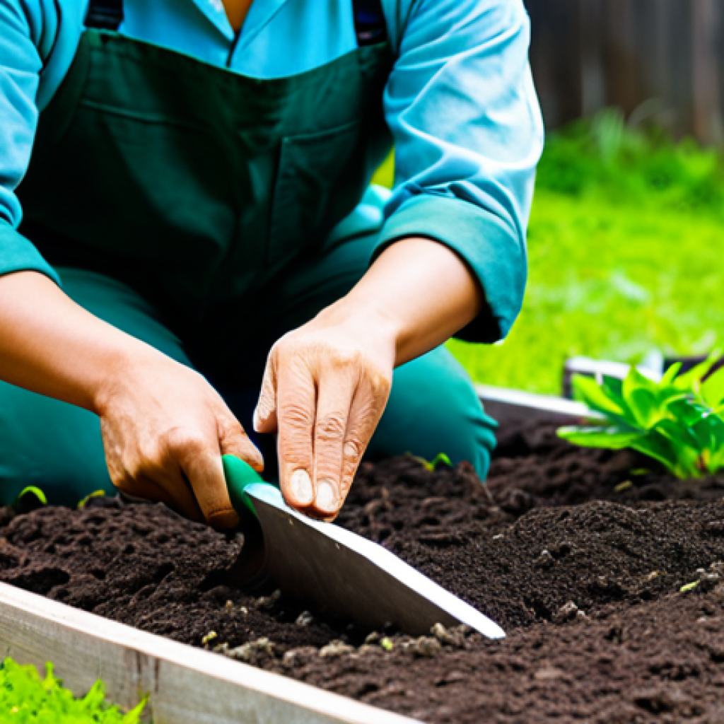 A dedicated Vietnamese gardener, fully clothed in modest, comfortable gardening attire, gently turning rich, dark soil in a vibrant organic garden bed. The gardener uses a stainless steel hand trowel with a sturdy wooden handle, their posture natural and focused on nurturing the earth. Lush green plants and seedlings are visible in the background under soft, natural sunlight. The image should convey a sense of peaceful connection with nature and diligent care for the soil. Perfect anatomy, correct proportions, well-formed hands, proper finger count. Professional photography, high quality, safe for work, appropriate content, family-friendly.