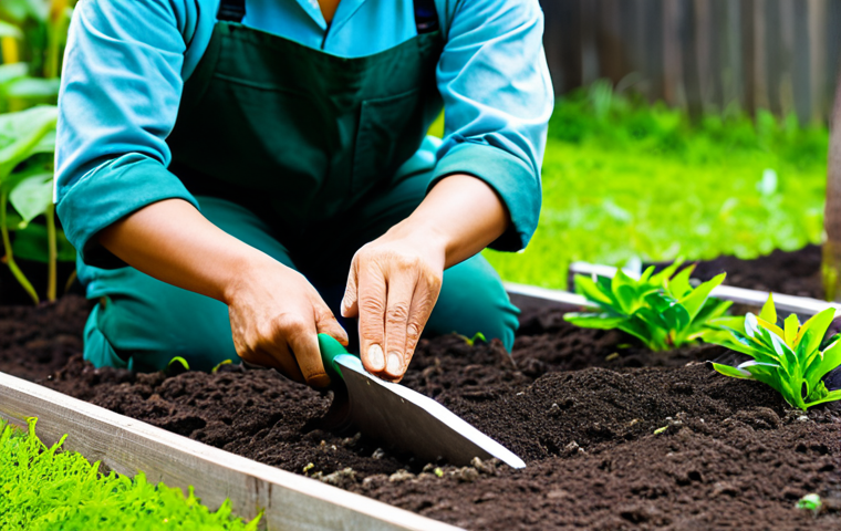 A dedicated Vietnamese gardener, fully clothed in modest, comfortable gardening attire, gently turning rich, dark soil in a vibrant organic garden bed. The gardener uses a stainless steel hand trowel with a sturdy wooden handle, their posture natural and focused on nurturing the earth. Lush green plants and seedlings are visible in the background under soft, natural sunlight. The image should convey a sense of peaceful connection with nature and diligent care for the soil. Perfect anatomy, correct proportions, well-formed hands, proper finger count. Professional photography, high quality, safe for work, appropriate content, family-friendly.