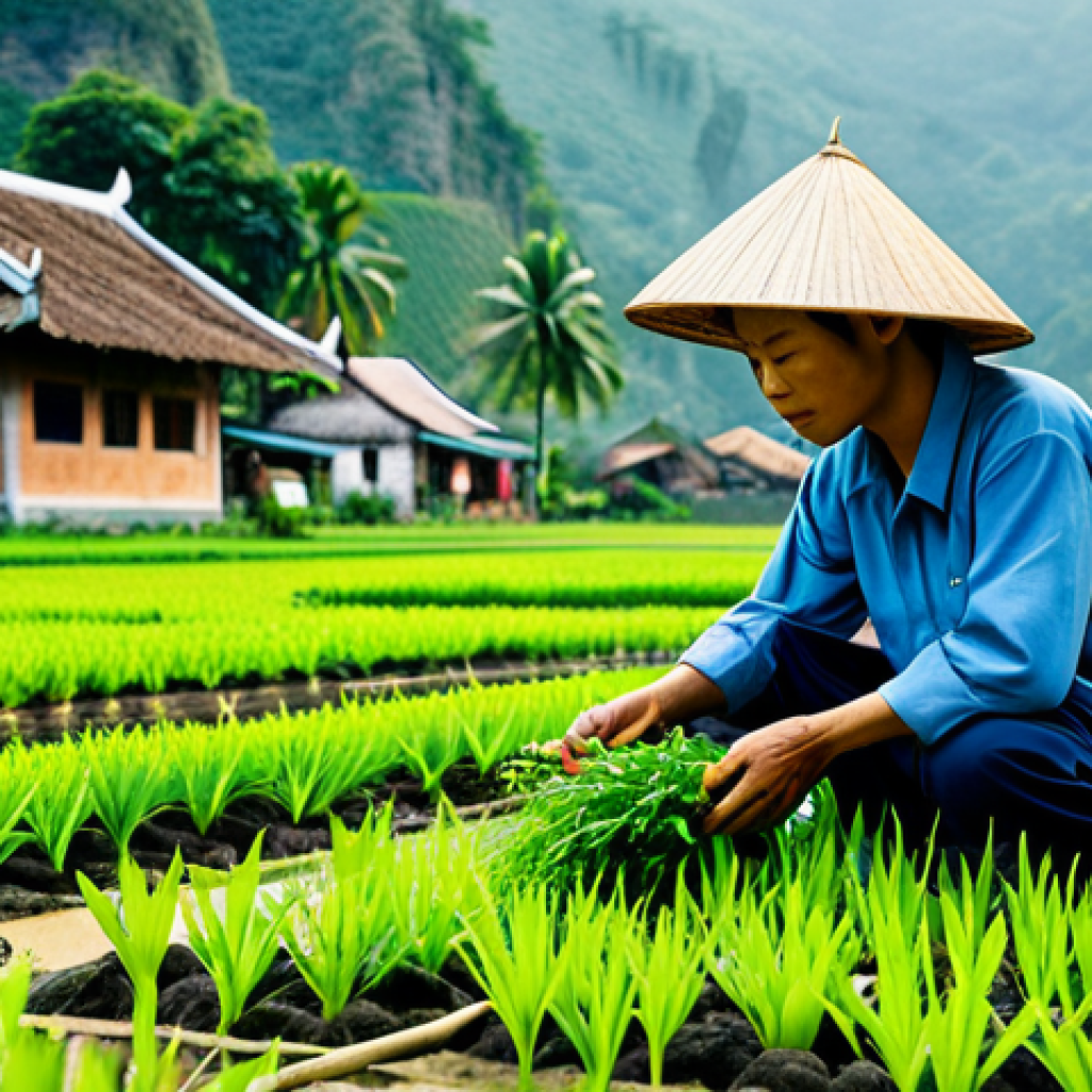 유기농 정원에서의 자가 생산 씨앗 관리 방법 - Seed Selection & Harvest**
"A Vietnamese farmer, fully clothed in traditional ao ba ba, inspecting ...