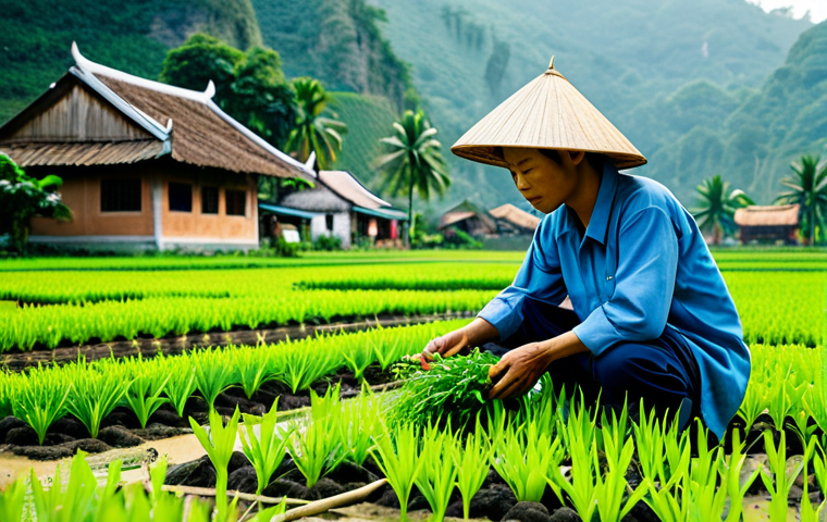 유기농 정원에서의 자가 생산 씨앗 관리 방법 - Seed Selection & Harvest**
"A Vietnamese farmer, fully clothed in traditional ao ba ba, inspecting ...