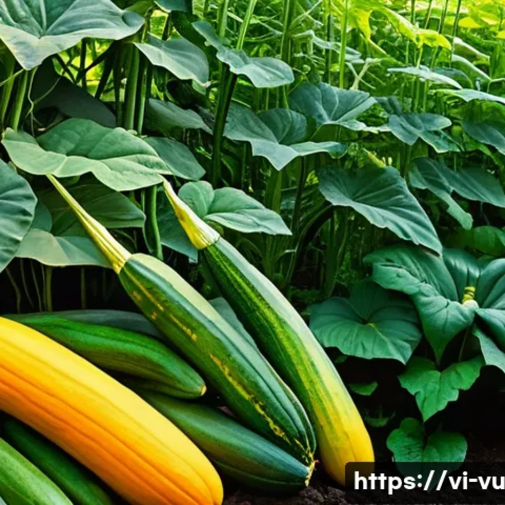 유기농 정원에서의 상호작용하는 식물 조합 - **A lush, vibrant organic garden featuring the "Three Sisters" companion planting method.** Focus on...