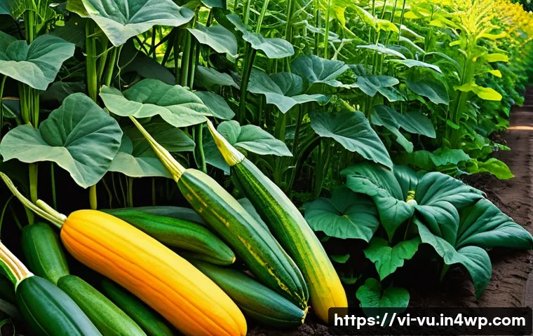 유기농 정원에서의 상호작용하는 식물 조합 - **A lush, vibrant organic garden featuring the "Three Sisters" companion planting method.** Focus on...