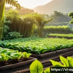 Home 21 유기농 정원 관리에 대한 FAQ - A vibrant organic vegetable garden scene in a Vietnamese countryside setting during early morning li...