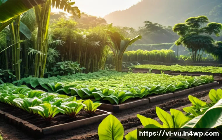 유기농 정원 관리에 대한 FAQ - A vibrant organic vegetable garden scene in a Vietnamese countryside setting during early morning li...