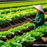 Home 19 유기농 정원 관리 시스템의 데이터 시각화 방법 - A modern organic vegetable garden in Vietnam featuring advanced soil sensors visibly embedded in ric...