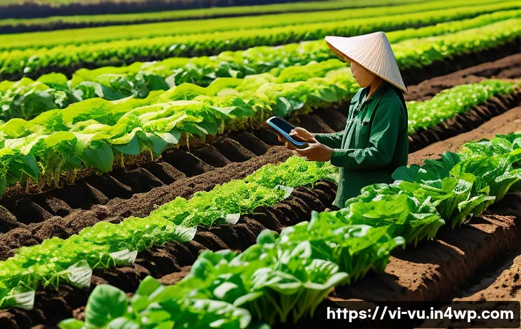 유기농 정원 관리 시스템의 데이터 시각화 방법 - A modern organic vegetable garden in Vietnam featuring advanced soil sensors visibly embedded in ric...