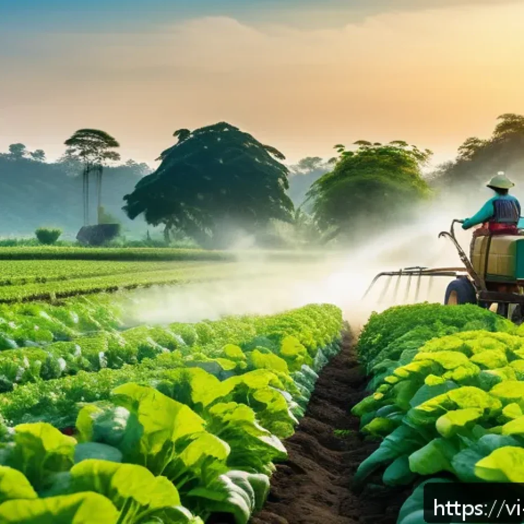 유기농 정원에서의 환경 친화적 농약 사용법 - A vibrant organic vegetable garden scene in rural Vietnam, showing a gardener spraying a natural hom...