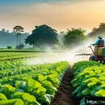Home 18 유기농 정원에서의 환경 친화적 농약 사용법 - A vibrant organic vegetable garden scene in rural Vietnam, showing a gardener spraying a natural hom...