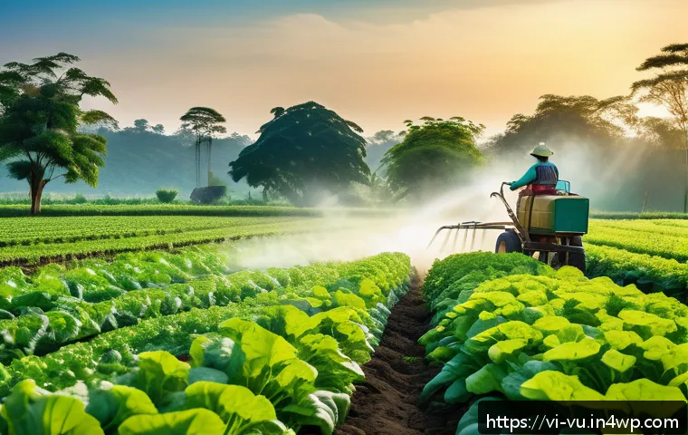 유기농 정원에서의 환경 친화적 농약 사용법 - A vibrant organic vegetable garden scene in rural Vietnam, showing a gardener spraying a natural hom...