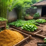 Home 23 유기농 정원에서의 기후 변화 대응 전략 - A vibrant organic garden scene in Vietnam showcasing a small family garden with homemade compost pil...