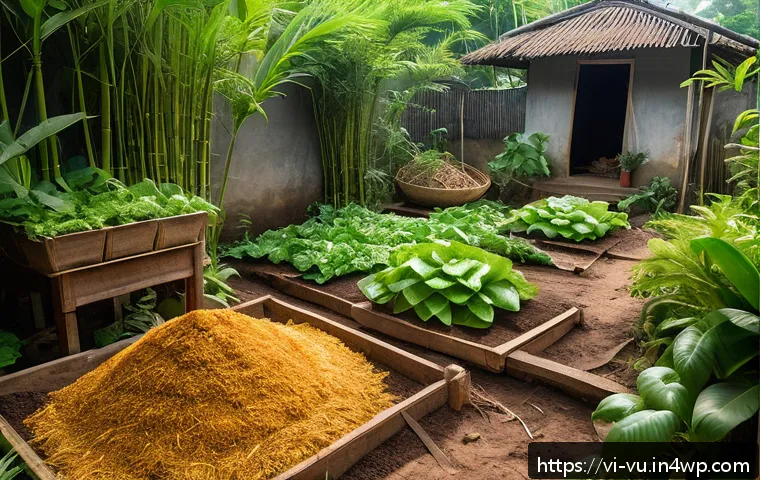 유기농 정원에서의 기후 변화 대응 전략 - A vibrant organic garden scene in Vietnam showcasing a small family garden with homemade compost pil...