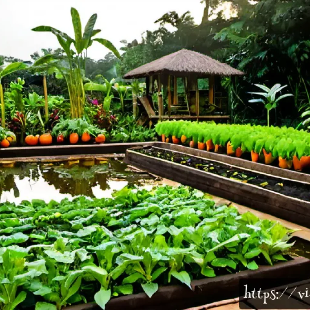 유기농 정원에서의 생태계 조성 방법 - Photorealistic Vietnamese organic home garden at sunrise, wide eye-level composition of raised veget...