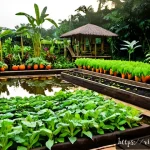 유기농 정원에서의 생태계 조성 방법 - Photorealistic Vietnamese organic home garden at sunrise, wide eye-level composition of raised veget...