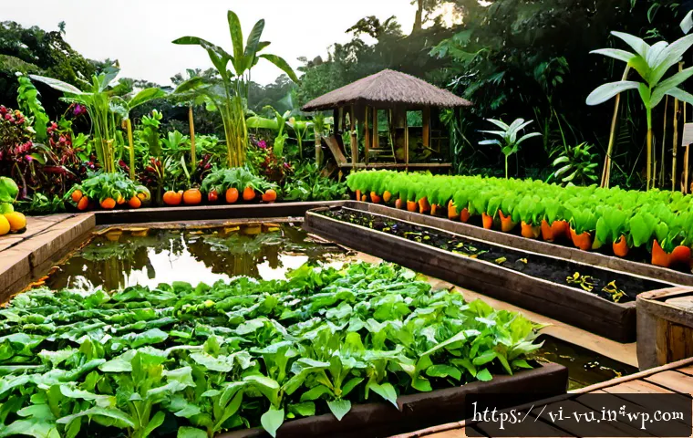 유기농 정원에서의 생태계 조성 방법 - Photorealistic Vietnamese organic home garden at sunrise, wide eye-level composition of raised veget...